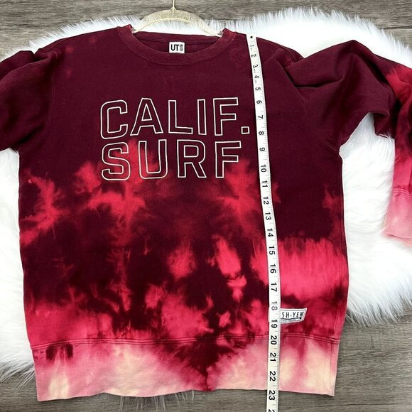 Upcycled Custom Uniqlo Bleach Tie Dye Ombre Maroon Calif Surf Cash-Yew Crewneck - Picture 5 of 7